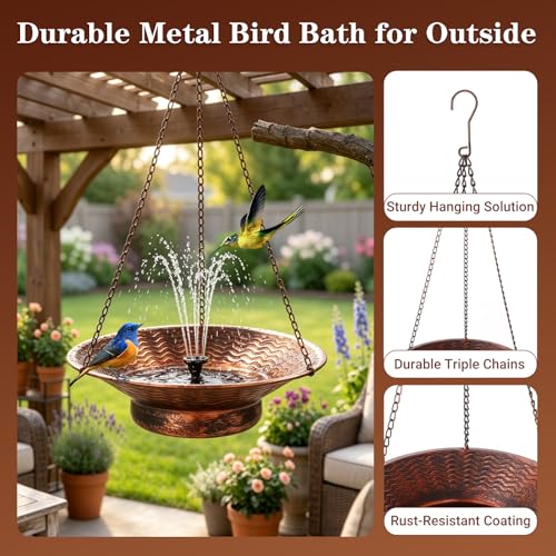 12.6" Hanging Solar Bird Bath Metal for Outside Bronze | Hanging Bird Bath with Solar Fountain, Hanging Birdbath Bubbler for Outdoors Backyard Patio Garden Decor - color: Bronze
