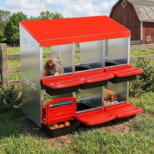 GarveeTech 6-Hole Poultry Nesting Box with Egg Collection Tray, Chicken Laying Box with Ventilation Design for Hens & Ducks, Ideal for Backyard Coops and Small Farms - color: Red, size: 6 holes