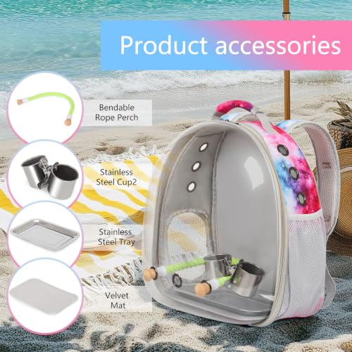 Galaxy Bird Carrier Backpack, Water and Food Cup, Tray and Perch, Clear Bubble Space Capsule Travel Bag - color: Galaxy Pink