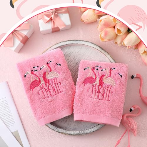 SmoothNovelty 2 Pcs Flamingo Hand Towels Pink Bathroom Decor 14x29 Inch | Embroidered Hot Pink Bathroom Hand Towels, 100% Cotton, Soft Absorbent, Summer Hawaii Bathroom Kitchen Decor - style: Flamingo