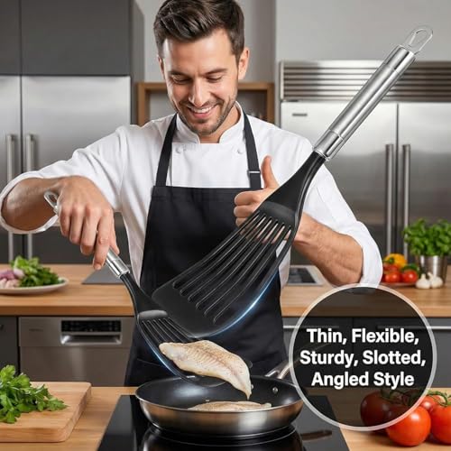 Thin Flexible Fish Spatula for Nonstick Cookware, Black | Egg Flipper Turner w/Hollow Steel Handle, Slotted Angled LFGB Complaint Nylon Blade, Dishwasher Safe, Silver Handle - size: Medium (1 Pack)