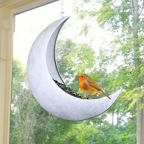 Hanging Moon Bird Feeder – Unique Metal Bird Feeders for Outdoors, Rustic White, Rust-Resistant, Wild Bird Feeder for Bluebirds, Cardinals, Finches, and Backyard Birdwatching - color: Rustic White