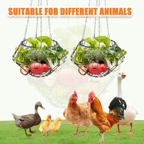 2 Pack Hanging Chicken Feeder Accessories,9.25IN Large Foldable Chicken Vegetable Treat Holder Basket,Sturdy Hanging Poultry Feeder Cabbage Bowl Sack with 4Pcs 20inches Hanging Chain for Chicken Coop - size: Large-2Pack
