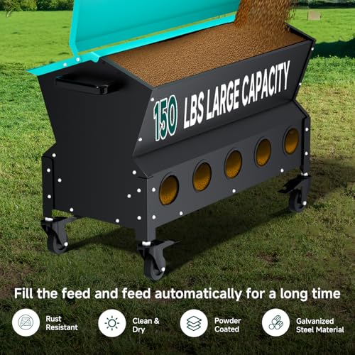 Heavy Duty Chicken Feeder 120 lbs Large Capacity, Metal Automatic Poultry Feeding Box with Waterproof Lid, Raised Standing Feeder with Wheels for Hens & Roosters, Portable & Easy to Move