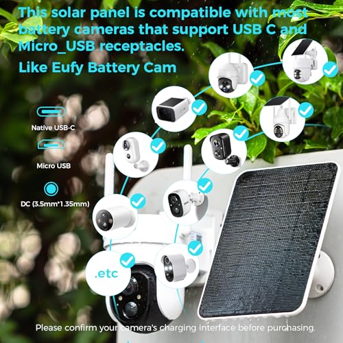 5V Solar Panel for Seucrity Cameres, for Bird Feeder Trail Cam, Ring Tapo Eufy Vicohome Eseecloud, Native USB-C, Micro-USB & DC 3.5mm*1.35mm 9.8 Ft Cable 23% Energy Conversion 180 Days Care Plan - color: 1 Pack Ring USB-C & Micro_USB & DC 3.5mm*1.35mm