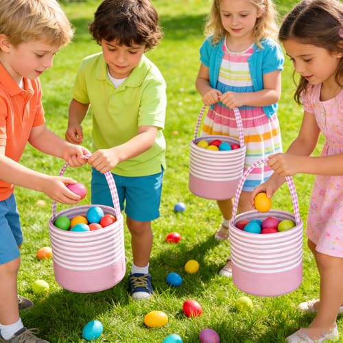Easter Basket for Kid Boy Girl,Easter Egg Hunt Buckets,Personalized Canvas Tote Bags Easter Party Gifts for Easter Halloween - color: AB-Pink