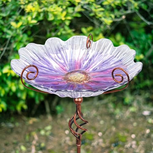 Glass Birdbath Birdfeeder with Metal Stake Garden Outdoor Purple | 31inch height stain glass bird bath for outside,Purple flower bird bath bowl,attract wild birds and beautify outdoor gardens - color: Purple