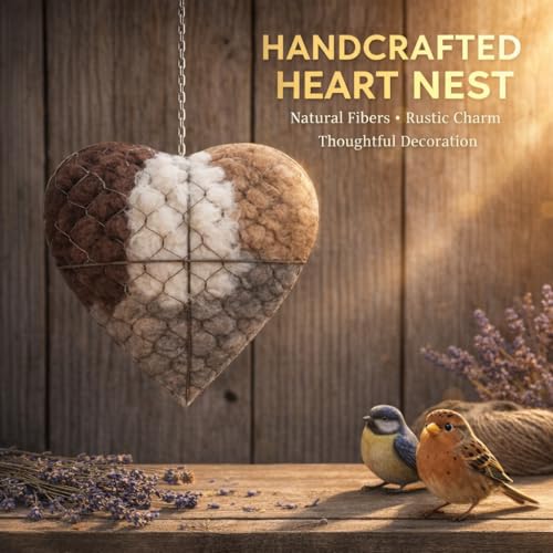 Handmade Fiber Bird Nesting Heart,Birds Nests Material Holder,Refillable Bird Haven Heart-Shaped Hummingbird Nest with Nesting Material,Winter Tree Shelter for Wild Bird,Gift for Hummingbird Lover,1PC