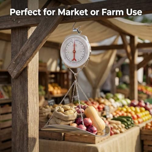 QWORK 110 lbs Large Display Spring Dial Weight Scale & Scale Scoop/Chain with Hanging Cradle, Steel Construction, for Shopping, Traveling, Kitchen, Silver