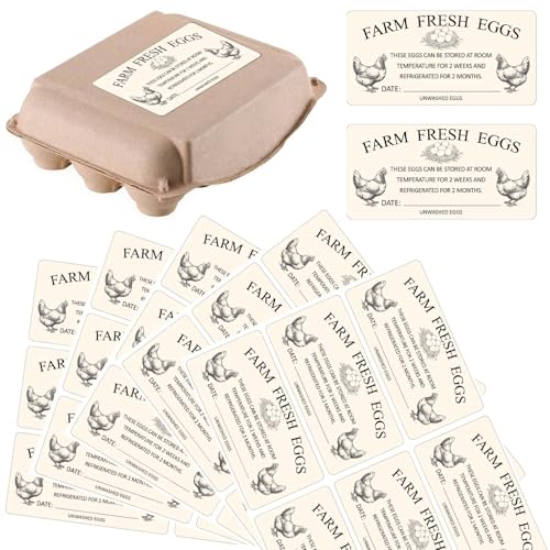 10 Sheets 60Pcs 4 x 2 Inch Farm Fresh Eggs Carton Labels Rectangle Self Adhesive Chicken Egg Stickers with Date Unwashed Packaging Handling Instruction Tags for Farmhouse Market Storage - color: Navajo White