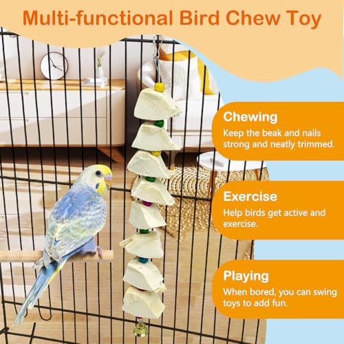 3 Pack Bird Chewing Toy Cuttlebone Parrot Toy with Bell Hanging Bird Beak Grinding Stone Parakeet Cage Accessories for Small & Medium Budgies Lovebirds Cockatiels (Block, 8 Per Skewer) - size: 8 Blocky