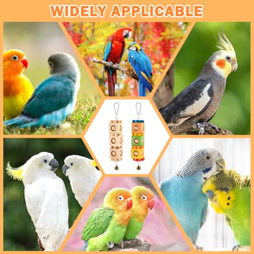 2 Pcs Wooden Bird Chew Toys for Beak Grinding, Hanging Parrot Rotating Wood Block with Bell Parrot Foraging Enrichment Toy for Parakeet, Cockatiel, Conure