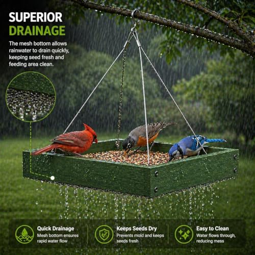 Platform Bird Feeder,Tray Bird feeders Outdoors,Wooden Tray Bird Feeder Hanging Platform,Platform Bird Feeder Tray,Suitable for Birds in Outdoor Gardens and Courtyards(A3-Green)