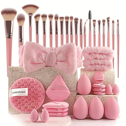 40 PCS Professional Makeup Brush Tools Set, Cosmetic Brush Sponge, Puff, Headband, Brush Cleaning Bow Set, Facial Makeup, Cleaning Accessories, Makeup Products, Valentine Day Item (Pink-40PCS) - color: Pink-40PCS