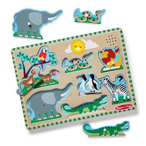 Melissa & Doug Zoo Animals Sound Puzzle – 8-Piece Wooden Peg Puzzle with Light-Activated Sounds, Music Learning Toy for Toddlers and Preschoolers Ages 2+ - size: 11.8 x 8.8 x 1.25, style: Zoo Animals
