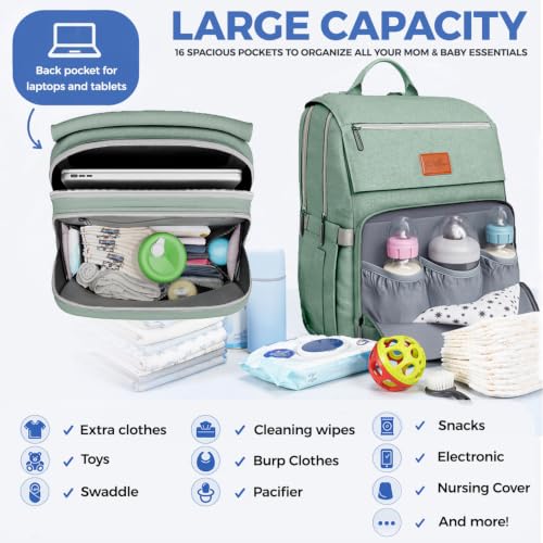Baby Diaper Bag Backpack - Baby Bag for Boys & Girls, Large Waterproof Diaper Backpack - Toddler Diaper Bag with Changing Pad, Boy Baby Shower Gifts for Mom - Newborn Stuff, Baby Essentials - color: H. Mint, style: Classic