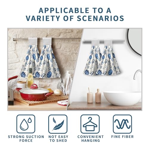 Fall Blue Pumpkin Kitchen Towels with Hanging Loop Autumn Thanksgiving Hanging Hand Towels Seasonal Eucalyptus Maple Leaf Dish Tie Towel Soft Absorbent Fingertip Bath Towel Set of 2 - color: Fall Pumpkin Leaves Blue