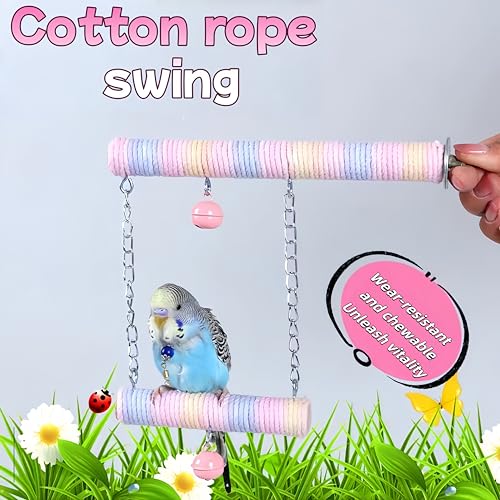 Parrot Swing A Standing Pole, Colorful Cotton Rope Wooden Swing with Metal Chain and Clasp（1Pcs）