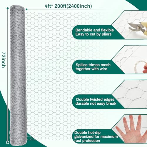 GlikCeil 72 in x 200 ft Chicken Wire Fencing Metal Floral Chicken Wire Mesh for Crafts Poultry Garden, 1 Inch Hexagonal Galvanized Hardware Cloth Netting for Poultry Coop Barrier Rabbit Cage(Silver) - color: Silver, size: 72 in X 200 ft