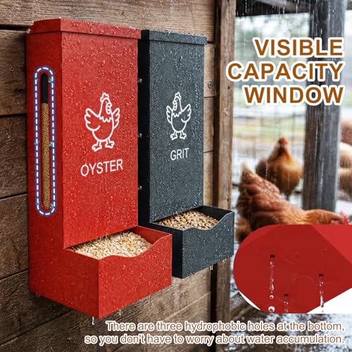 2 Pack Chicken Grit Oyster Shell Feeder, Metal Gravity Feeder with Lid | Wall Hanging Chicks Food Dispenser Chicken Coop Accessories for Hens Ducks Pigeons, Red+Black - color: Red + Black