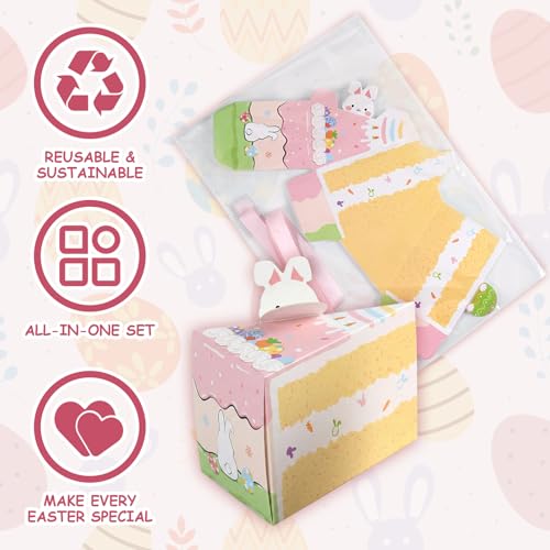 10 Piece Cake-Style Easter Box Set, Candy Chocolate Dessert Containers with 3D Bunny & Egg Decor + Pink Ribbon Perfect Easter Treat Boxes & Party Favor Containers for Baby Shower, Birthday Party