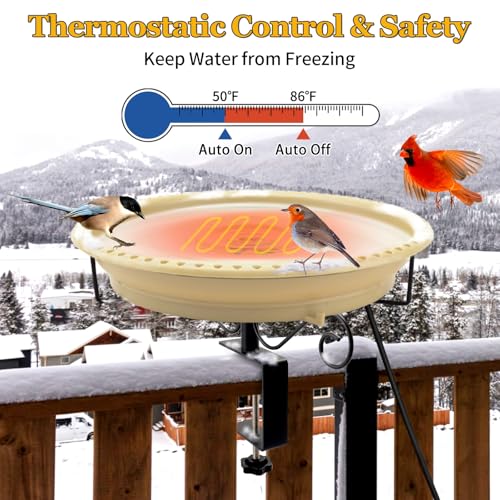 Lovppy Heated Bird Baths for Outdoors for Winter, 100W Heated Birdbath Water Heater with Thermostatically Controlled, Heated Bird Bath for Deck Railing Outside Garden Patio Yard (Khaki) - color: Khaki