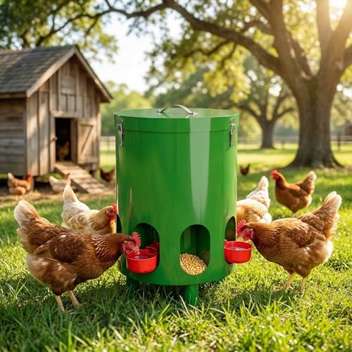 Green Chicken Feeder and Waterer Set-4 Gal/39.8 LB, Metal Chicken Feeders No Waste with 4 Cups, 4 Feeder Ports, Lid, Portable Gravity Chicken Feeder Automatic for Outdoors & Poultry