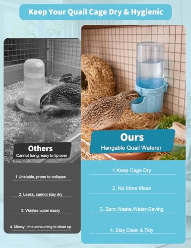 Quail Chick Waterer with Anti-Drowning Shallow Tray, 16.6 fl oz Automatic Gravity Button Quail Waterer, Hanging or Free-Standing Bird Water Dispenser for Wire Mesh Cages and Brooders (Blue) - color: Blue