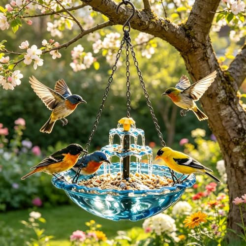 Hanging Solar Bird Bath Fountain,3 Layers Hanging Bird Bath for Outside with Solar Fountain,Flowing Water Large Humming Birds Baths Fountains with Solar Pump & Plastic Bowl, for Outdoor, Gardens(Blue)
