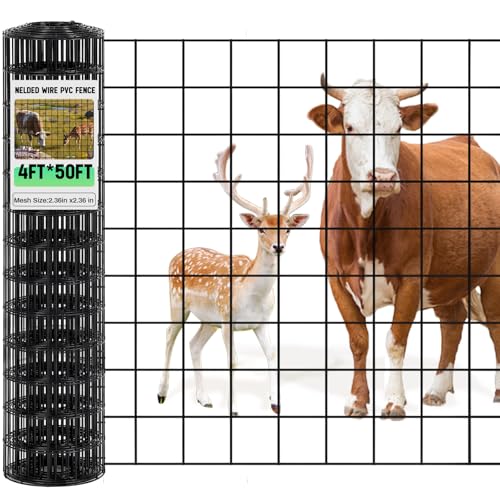 Gisafai 16 Gauge Galvanized Welded Wire Fence 4 ft x 50ft PVC Coated Hardware Cloth, 2.36" x 2.36" Mesh, Heavy Duty Garden Fencing Roll for Chicken, Dog Yard, Deer Cattle & Animal Protection(Black) - color: Black, size: 4 ft X 50 ft