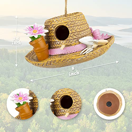 Yinns Birdhouse Hanging Decorative Bird House for Outside Garden Decor, Hat | Hanging Decorative Straw Hat Bird House Home Patio Garden Decor for Humming Bird, Bluebird, Wren Nesting - color: C-Straw Hat