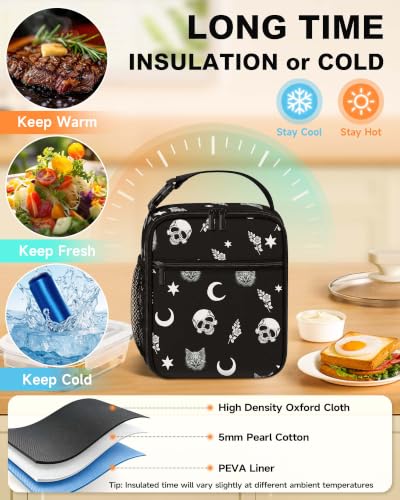 Lunch Box Girls Boys Women Insulated Lunch Bag, Gothic Skull Cat Moon | Reusable Lunchbox, Cooler Tote Bag with Cup Holder, Lightweight, High Capacity, Multiple Pockets for School Work Travel - color: Skull Cat Moon
