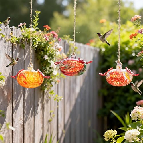 Set of 3 Blown Glass Hummingbird Feeders Decor for Home Garden Outside - color: Color-C