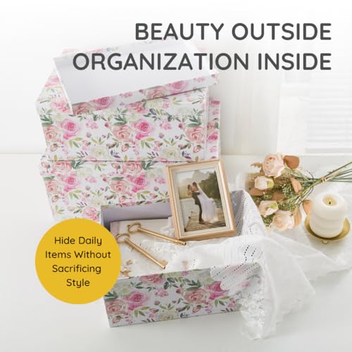 Soul & Lane - Summer Rose Decorative Storage Boxes with Lids, Set of 3 | Large Nesting Cardboard Keepsake Boxes for Photos and Gifts, Pink Vintage Rose Print Containers for Home Decor - color: Summer Rose