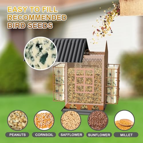 FlowaFoli Bird Feeders for Outdoors Hanging, Metal Bird Feeder with Double Suet Cage Cake, Large Capacity, Birdfeeders Sturdy & Weatherproof, Easy to Clean & Refill, Great for Attracting Wild Birds - color: Brown