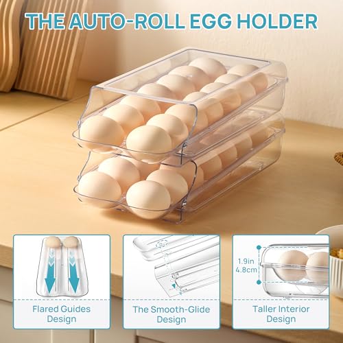 Vtopmart 1 Pack Egg Holder for Fridge, Automatic Rolling Egg Container | Stackable Clear 14-Count Eggs Organizer with Removable Inner Tray, Egg Storage for Refrigerator, Space Saving