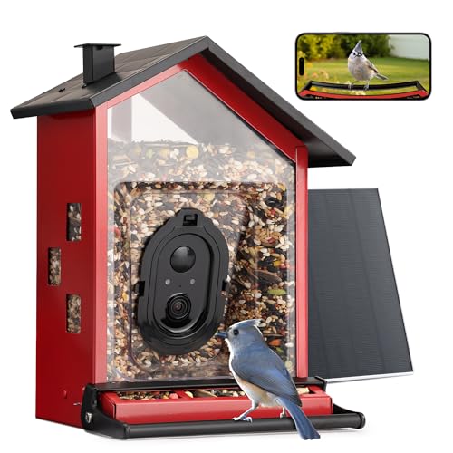 Smart Bird Feeder with Camera, Heavy-Duty Chew-Proof Metal Casing, Solar Powered, AI Identify Bird Species & Instant Notifications, 3.2L Large Capacity Bird Watching Gift, Red