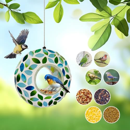 Hanging Bird Feeders for Outdoor Glass Mosaic Fly Through Wild Bird Feeder Round Shape Birdfeeder for Outside Garden Yard Patio Decoration Green - color: Green2