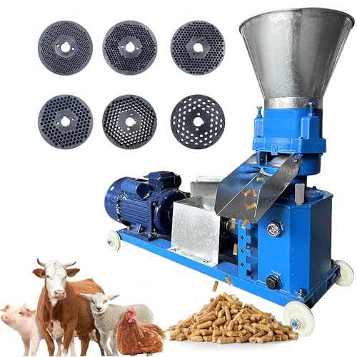 110V Feed Pellet Mill Machine 3 Head Rollers Pellet Maker Machine | for Chicken Duck Poultry Livestock Farm Animal, 200KG/H, 5.5KW, w/Air Switch, Splash Plate, 2.5/3/4/5/6/8mm Grinding Discs