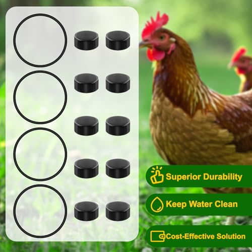 Plastic Poultry Waterer Replacement Parts Kit | 10 Caps & 4 O-Rings, Compatible with Miller, Little Giant PPF & Farm-Tuff 3/5/7 Gallon Poultry Founts (Black) - color: Black
