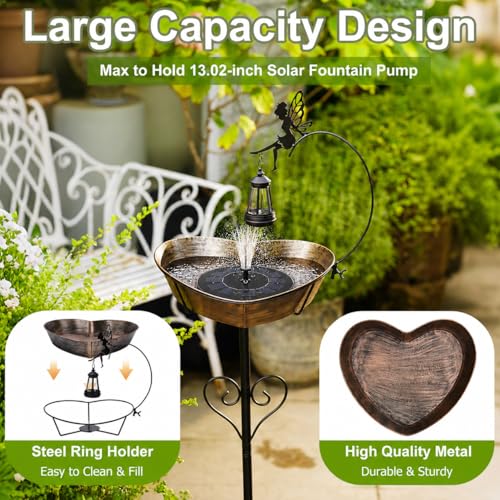 Solar Metal Heart Bird Bath for Outside, 48"H 14"Dia Removable Bowl,3.5 D | Upgraded 5-Pronged Base with Removable Vintage Freestanding Bowl , Birdbaths for Garden Yard Lawn Decor Gifts for Mom