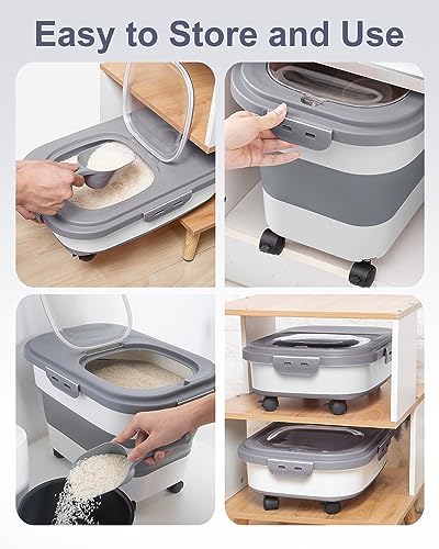 20-30 Lbs Rice Storage Container,Collapsible Food Storage Containers | Flour Storage Container with Wheels Airtight Locking Lid,Rice Container with Cup and Scoop,Suitable for Rice,Pet Food,Flour - color: Grey/20-30LBS
