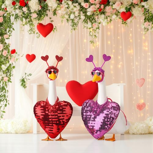 Abbylike 2 Sets Valentine's Day Porch Goose Outfits Love Heart Yard Goose Clothes Costume Fits Large 23'' Cement for Garden Yard Statue Pathway Decorations - style: Xoxo Valentine's Day