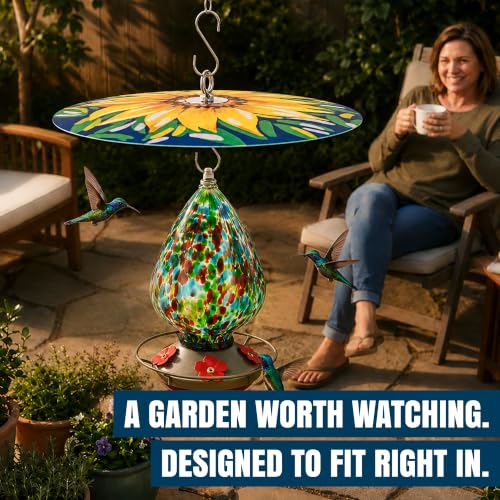 MEKKAPRO Bird Feeder Baffle & Rain Guard, 32cm Weatherproof, Yellow | Sunflower Pattern Shields Feed from Rain, Fits Hummingbird, Tube, Thistle & Hopper Feeders, Rust-Proof Steel Hardware, S-Hook - color: Yellow Flower