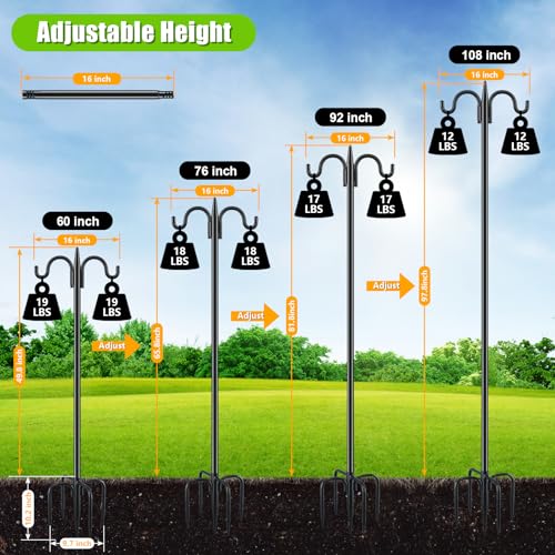 Gtongoko Bird Feeder Pole for Outdoors Heavy Duty, 108 Inch Double Shepherds Hook with 5-Prong Stable Base, 3/4 Inch Thick Hummingbird Feeder Stand for Hanging Plants, Lanterns, 1 Pack - size: 108 Inch