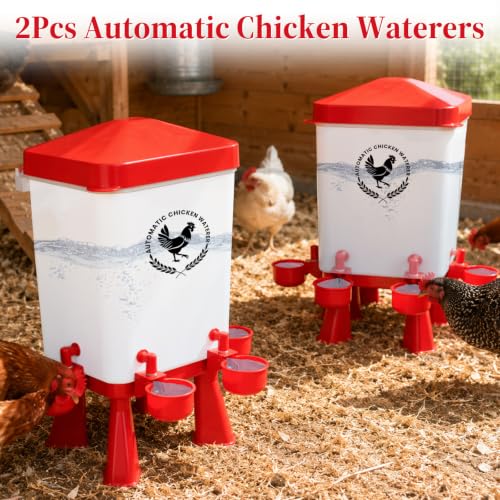 2 Pack 3 Gallon Chicken Waterer with 10 Chicken Water Cups, No Spill Poultry Waterer with Stand Legs, Hooks and Screws, Chicken Water Feeder for Coop, Ducks, Hens, Farm, Backyard Chickens (Red) - color: Red, size: 2pcs
