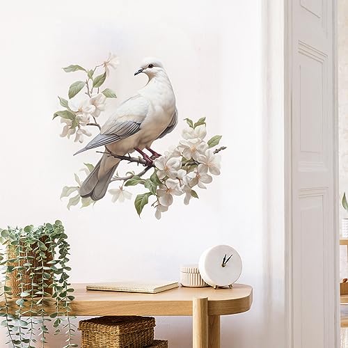 Soaring Dove Amidst Blooming Flowers Wall Decal Animal Wall Sticker | Removable peel and stick watercolor pigeon wall art with animal for nursery, classroom, preschool, and living room
