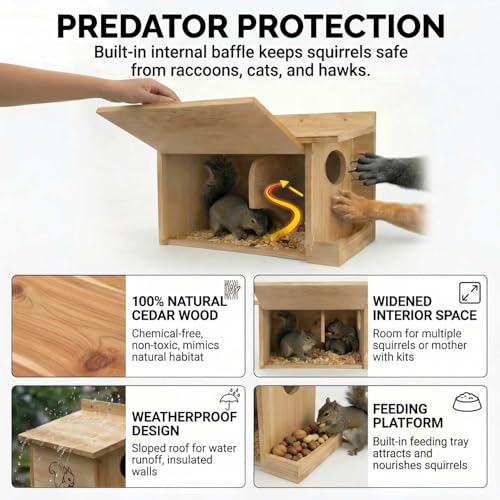 Extra Large Squirrel Houses for Outside 15.7" Outdoor Nest Box with Feeder | Carbonized pine wood, anti-predator design, Mounts on tree or fence. 2-in-1 shelter and feeder for backyard wildlife - size: L