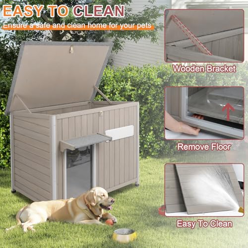 Outdoor Dog House Weatherproof, Wooden Puppy Shelter with Anti-Chewing Iron Frame and Elevated Floor, Sturdy Dog Kennel for Small, Medium & Large Dogs (Gray, 40" L x 26" W x 31" H) - size: 40" L x 26" W x 31" H