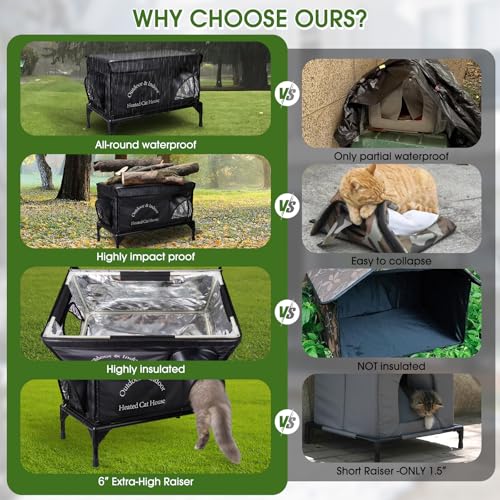 Heated Cat House for Outside Cat in Winter, Insulated Outdoor Feral Cat Shelter with Cat Heating Pad, 2 Doors,Elevated Waterproof Heated Kitty House (Black, 25"x13.7"x18") - style: Black Cat House 02